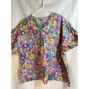 Peaches Uniforms 3XL Floral Butterfly Scrub Top V-Neck Short Sleeve Women